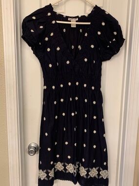Cute Options Navy Cotton Dress with White Embroidery